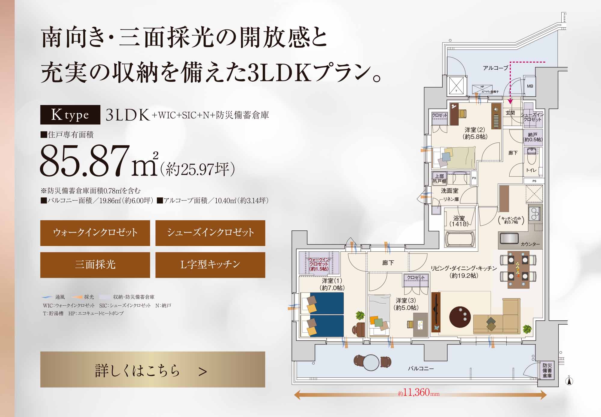 南向き・三面採光の開放感と充実の収納を備えた3LDKプラン。